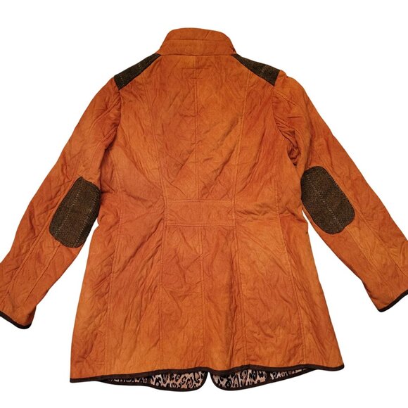 Tasha Polizzi Orange Quilted Coat L Leopard Print Lining Brown Tweed Trim Patche - Picture 5 of 10